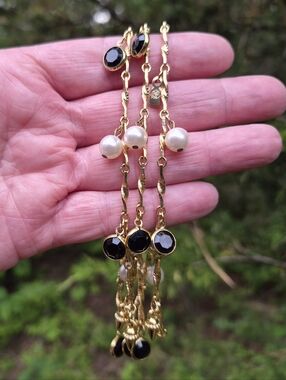 Swarovski Bezel Set Black Crystal Faux Pearl Dangle Vintage Necklace 30"
